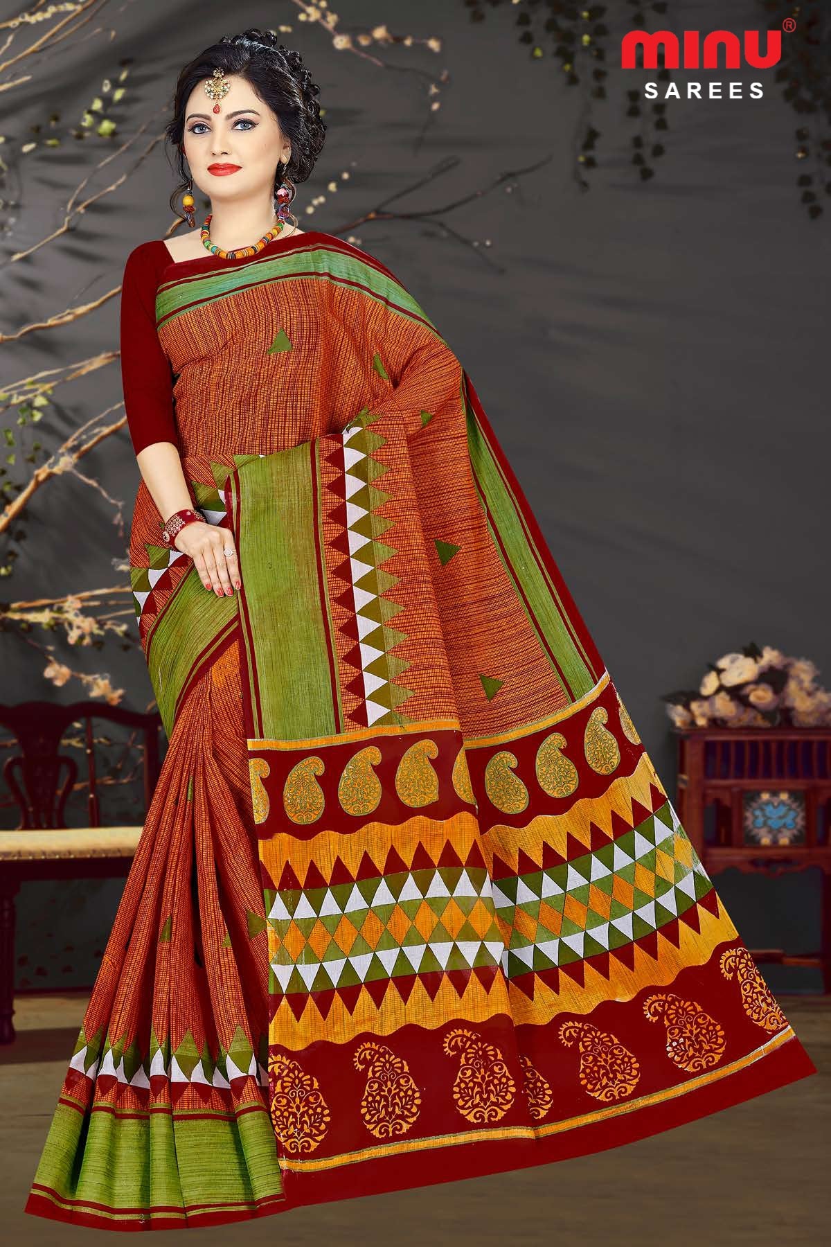 Colored printed saree wearing women image