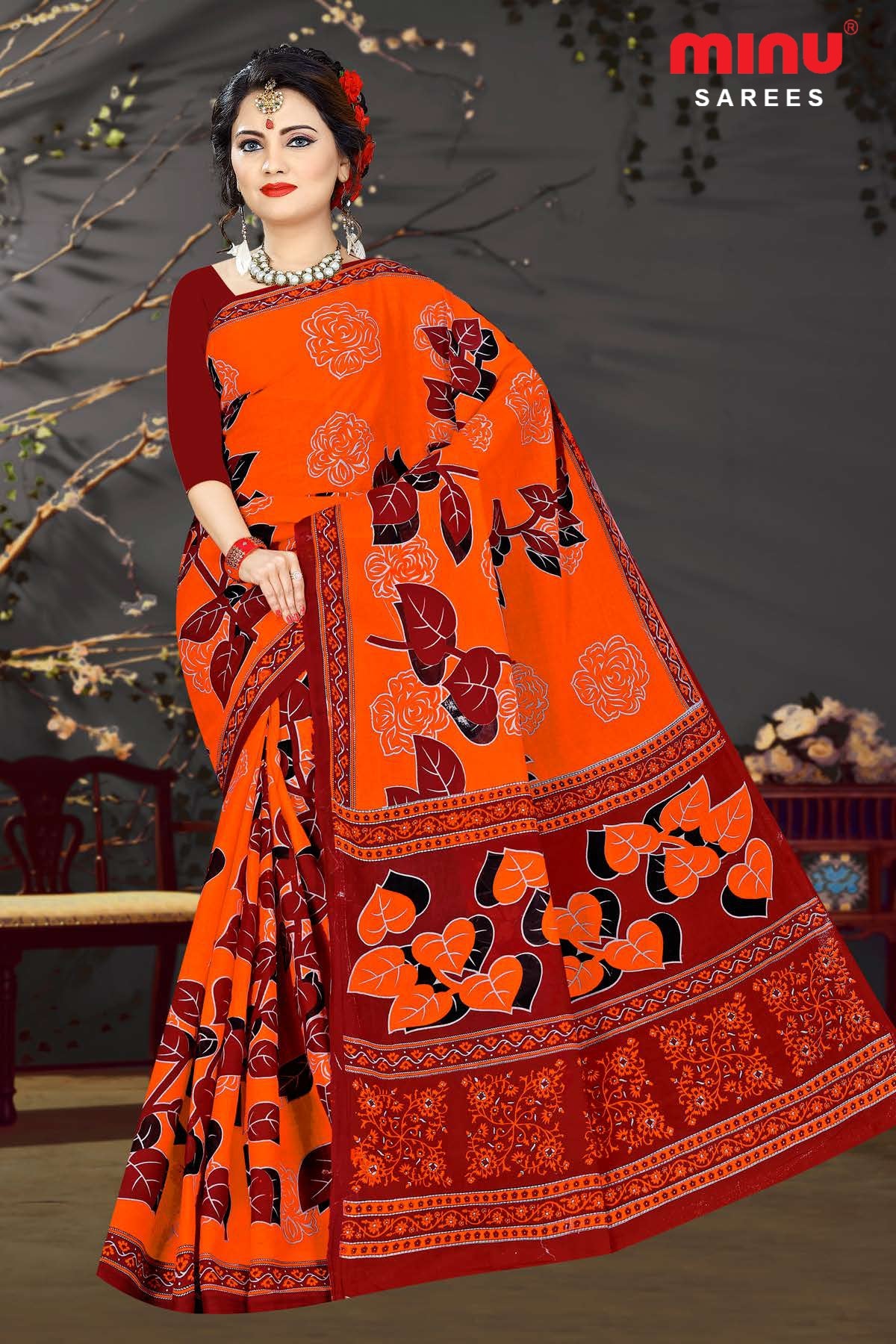 Printed colored saree wearing women image