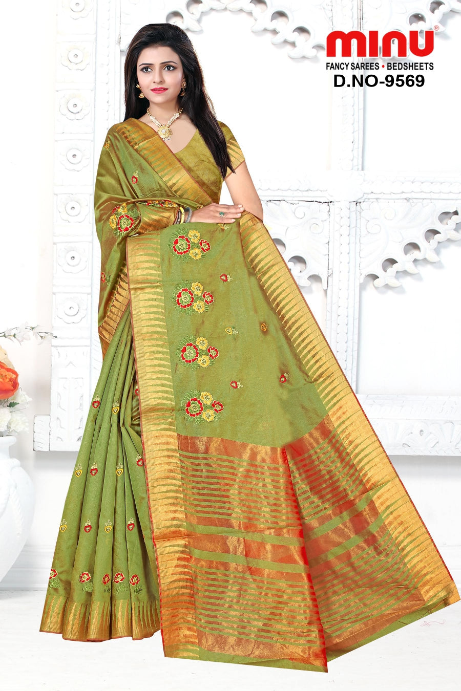 Woman wearing bold color fancy saree image