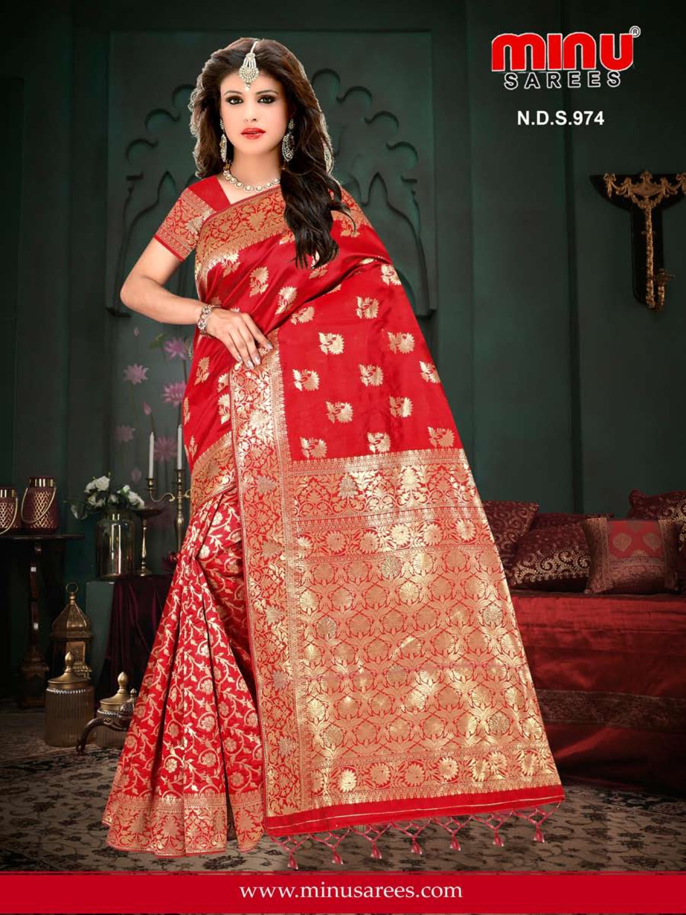 Woman standing in red color fancy saree for wholesale