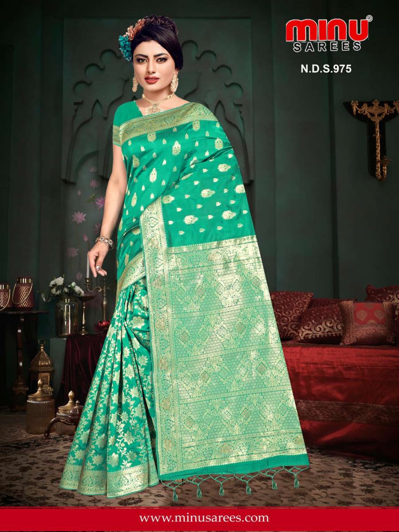 Woman standing in green color fancy saree for wholesale
