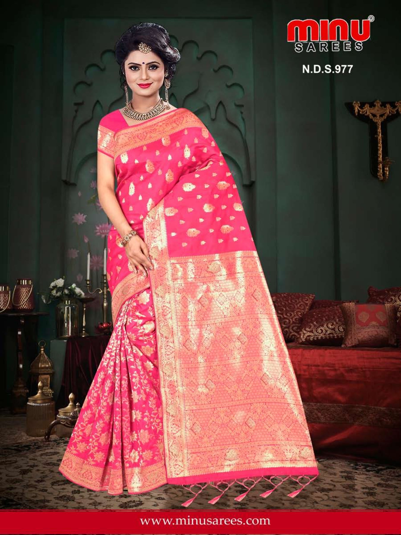 Fancy saree with modern red color wearing woman image