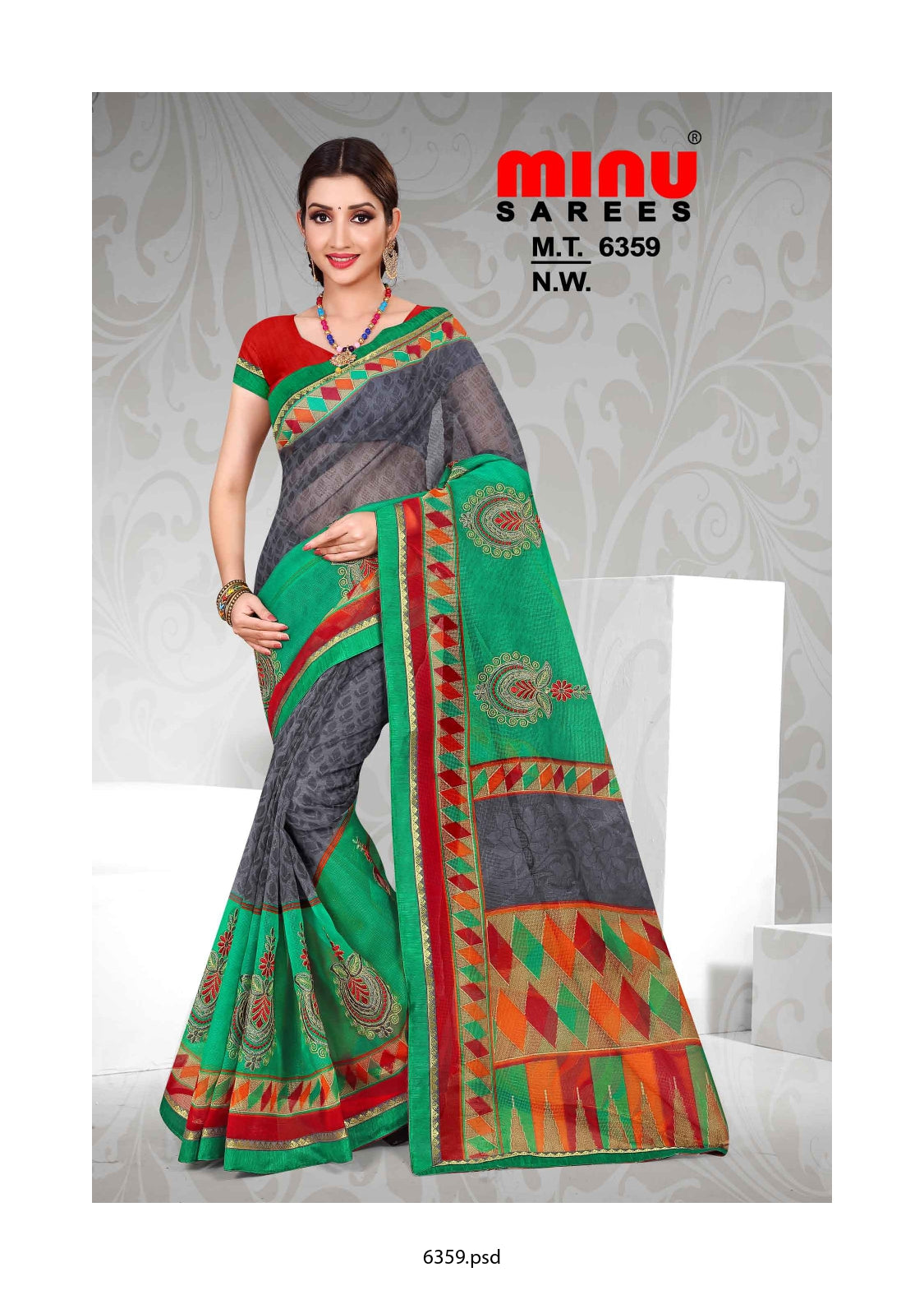 Woman wearing bold multi color fancy saree image
