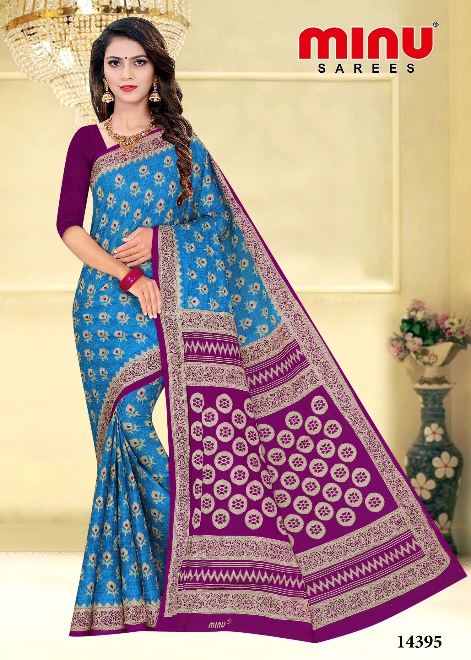 blue printed saree with modern design