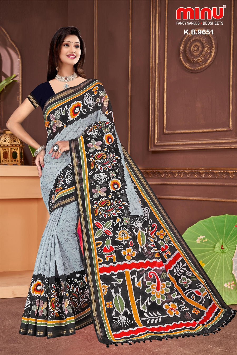 Grey printed fancy saree wearing women image