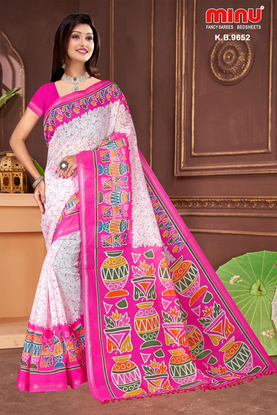 Woman in pink printed fancy saree image 