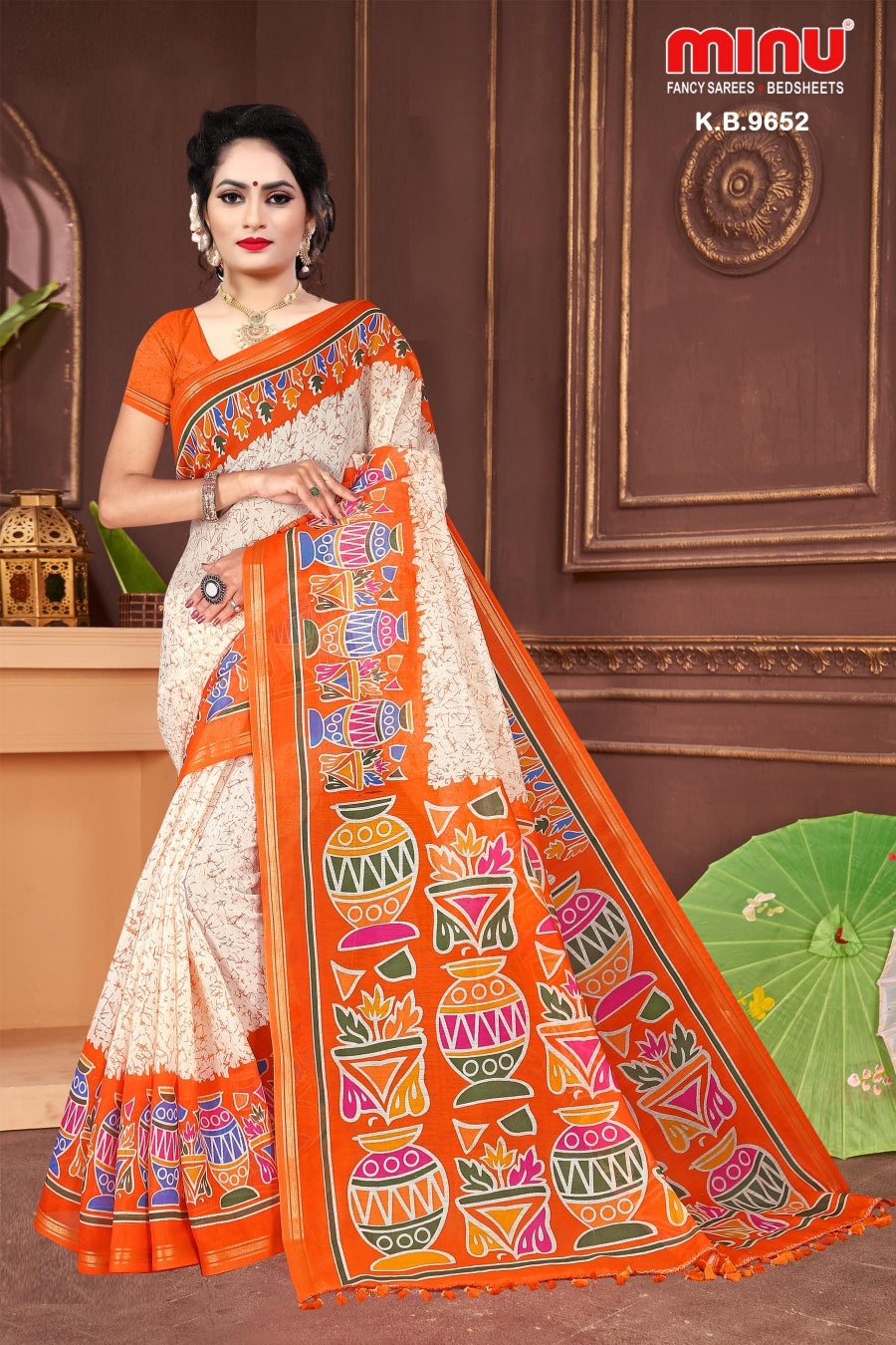 Modern design orange printed fancy saree wearing woman