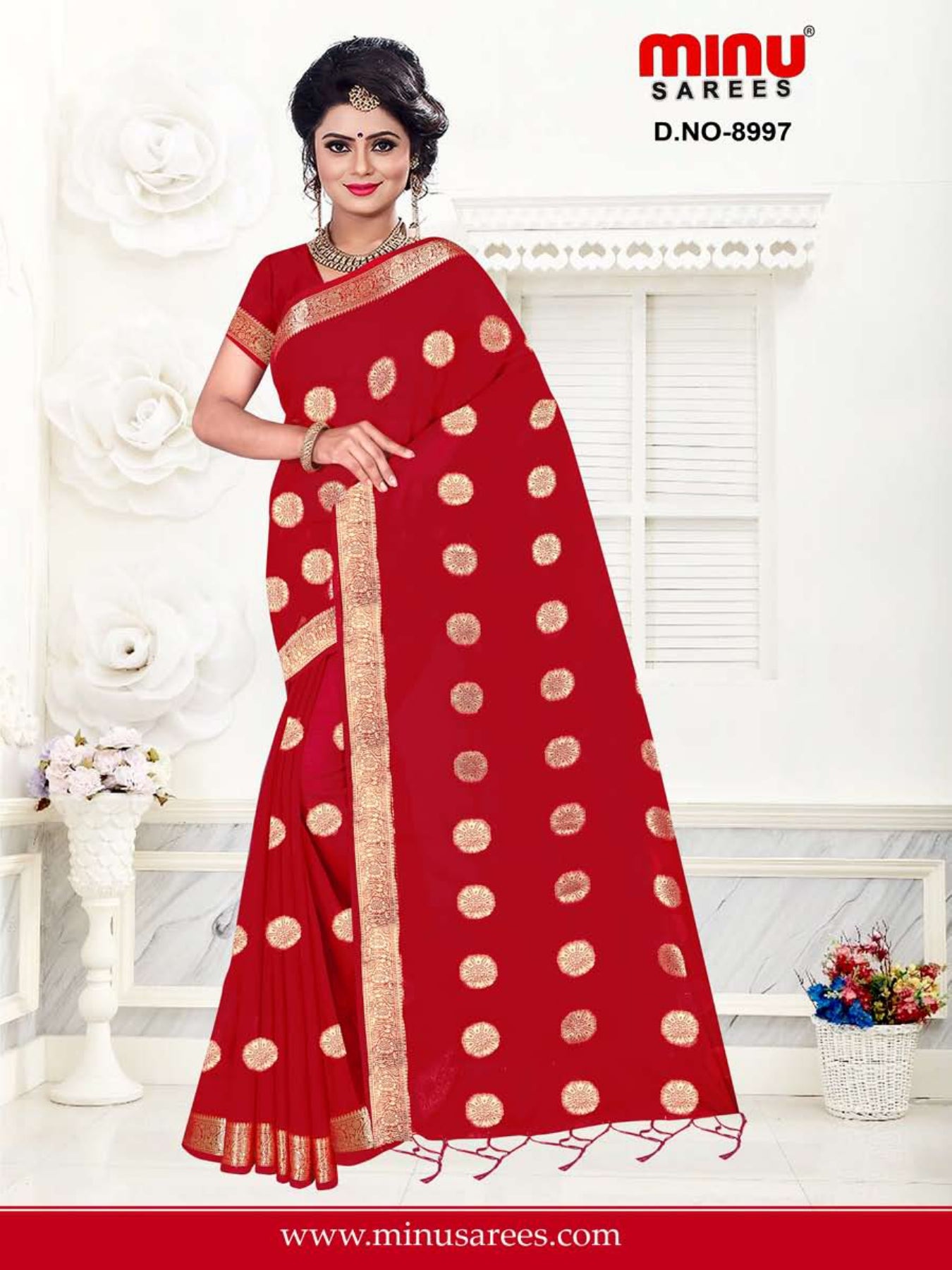 Woman wearing bold red color fancy saree image
