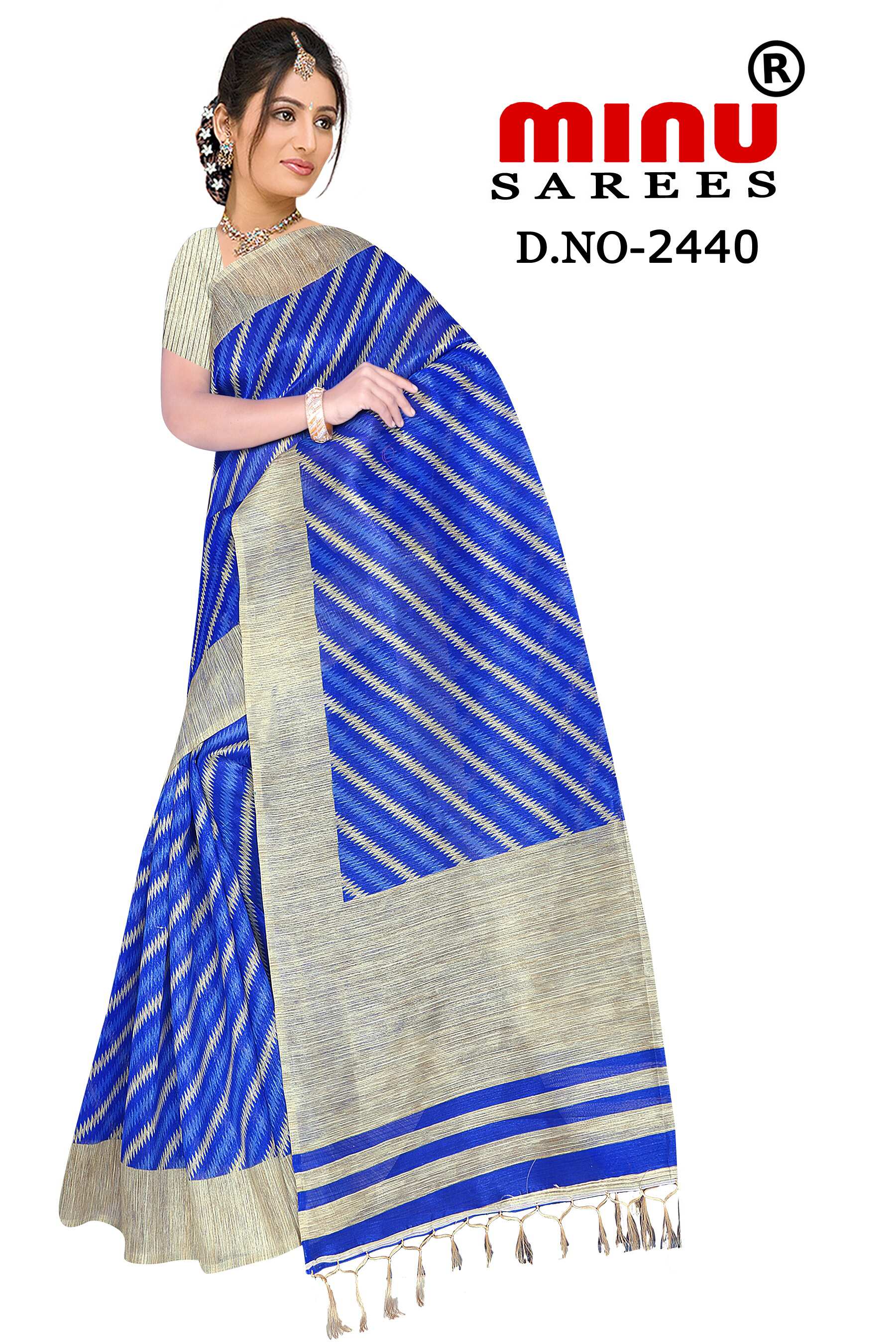 woman posing in dashing blue fancy saree at best price