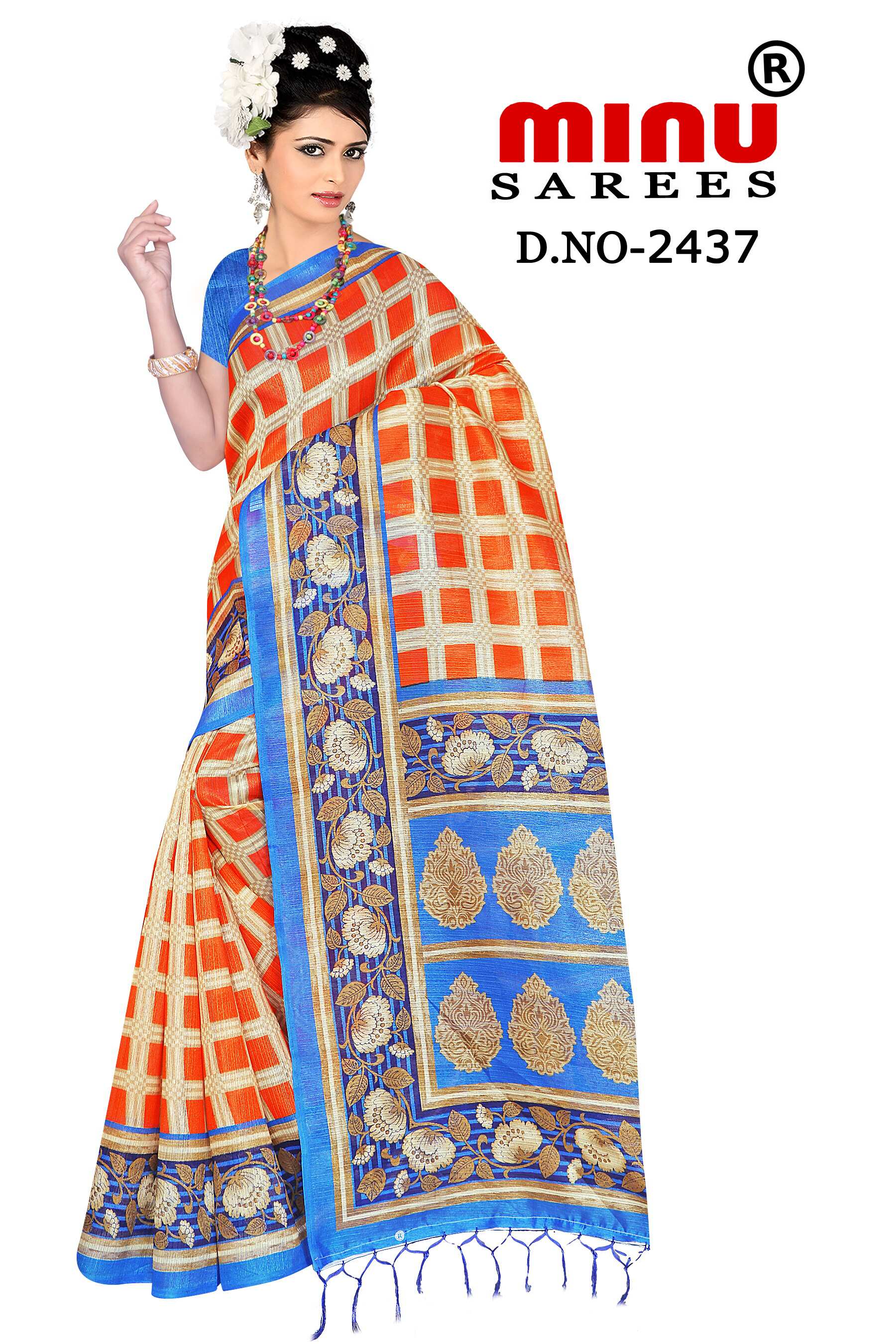 woman in orange color fancy saree online